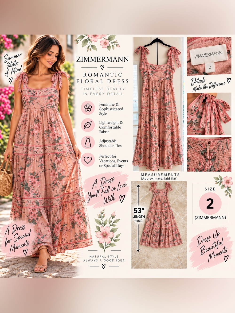 Zimmermann Moonshine Pink Floral Tie Shoulder Maxi Dress Size 2